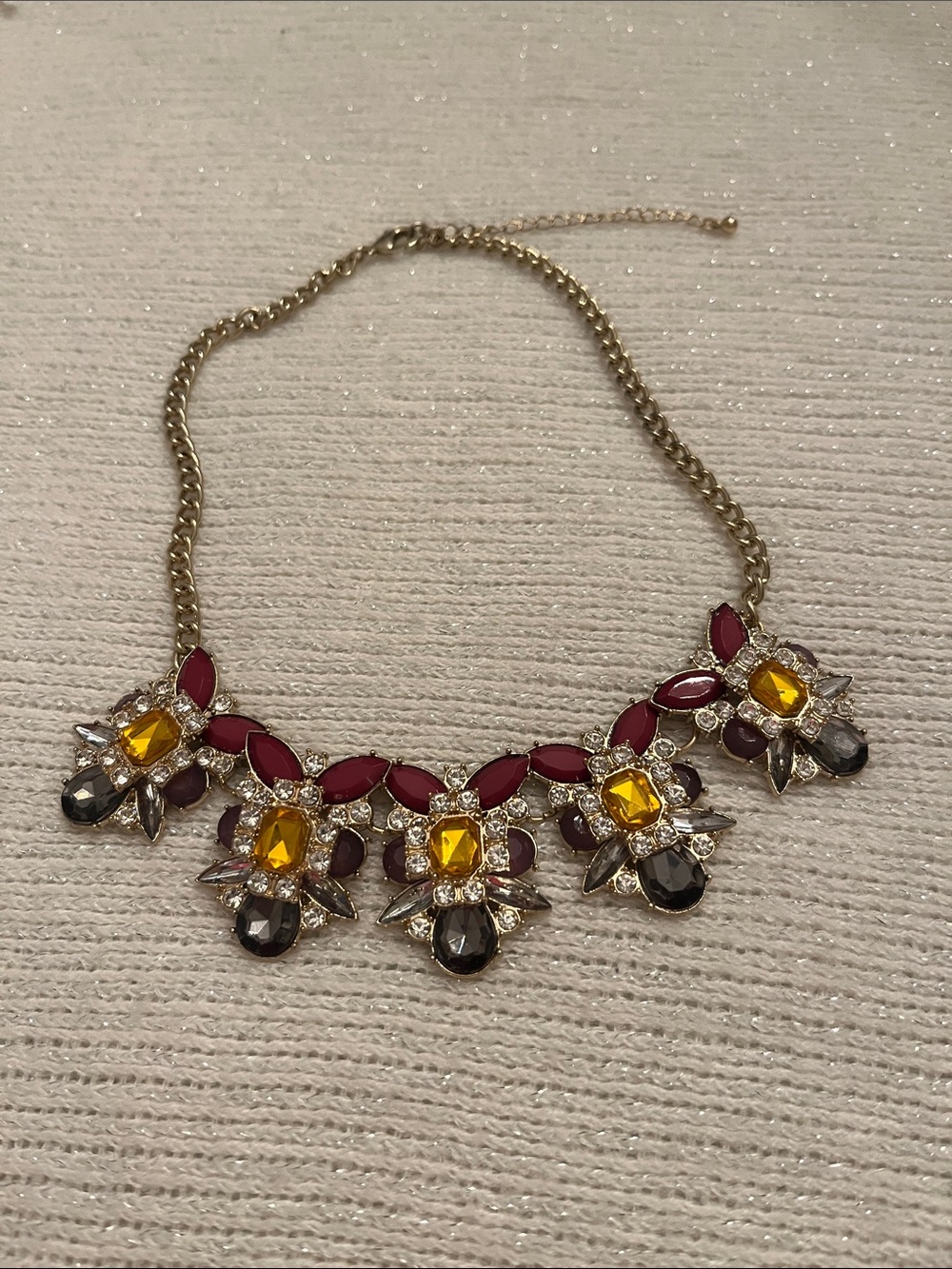 Statement Floral Bib Necklace in Burgundy, Amber and Smoky Gray